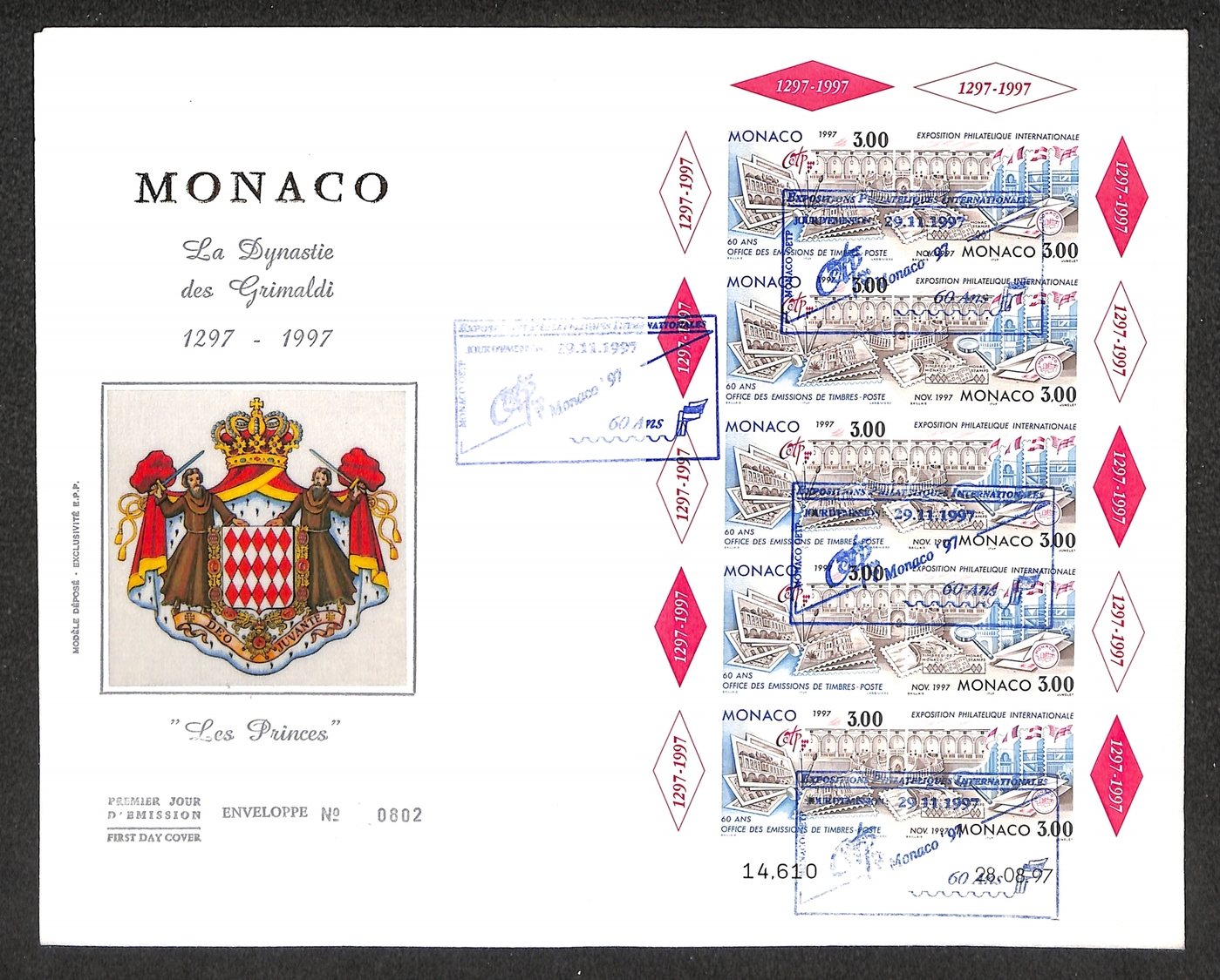 0506 MONACO - FDC Esposizione Filatelica Internazionale N. 802 Monaco 1997 – Busta Commemorativa Con Foglietto Di 10 Ese - Otros & Sin Clasificación