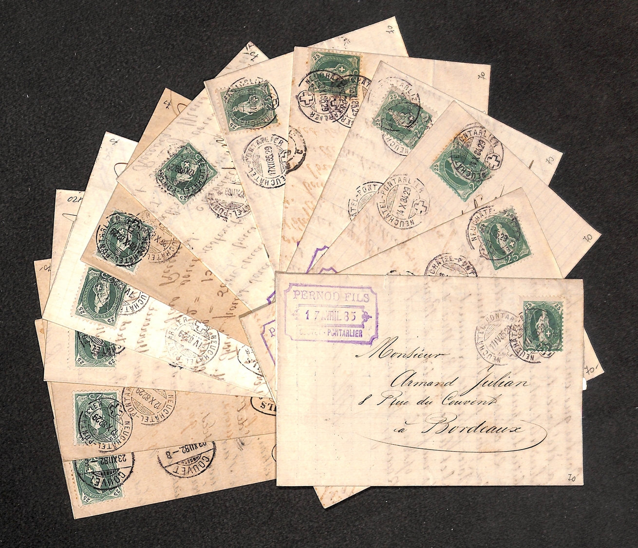 0581 SVIZZERA - 1882/1885 – 25 Cent (Unif. 72) – Lotto Di 12 Lettere D'archivio Per Bordeaux - Otros & Sin Clasificación