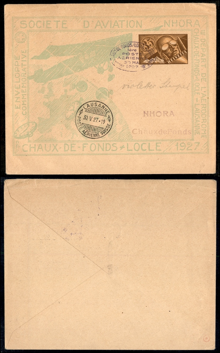 0591 SVIZZERA - Societe D'Aviation Nhora/Chaux De Fonds Locle – Busta Postale 35 Cent – Lousanne 30.5.27 - Otros & Sin Clasificación