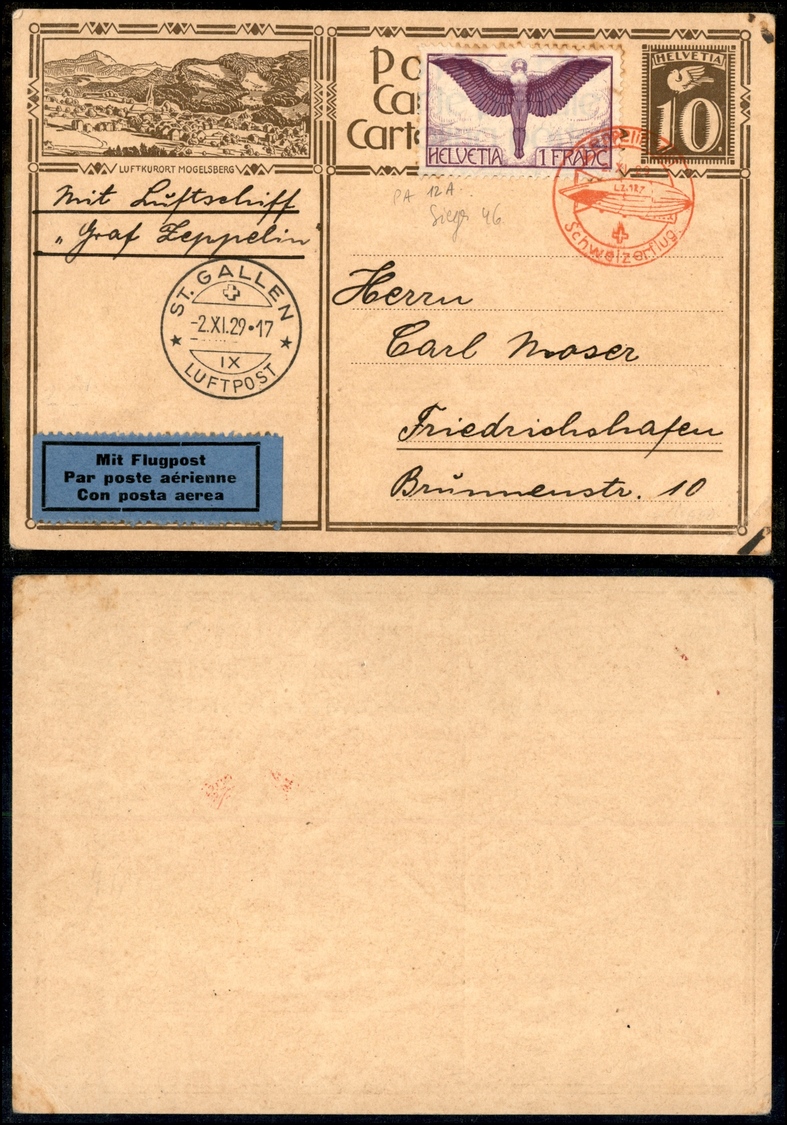 0593 SVIZZERA - Zeppelin Schweizertlug – Intero Postale Da 10 Cent + 1 Franco (Unif. A12a) Carta Ordinaria – St. Gallen  - Otros & Sin Clasificación