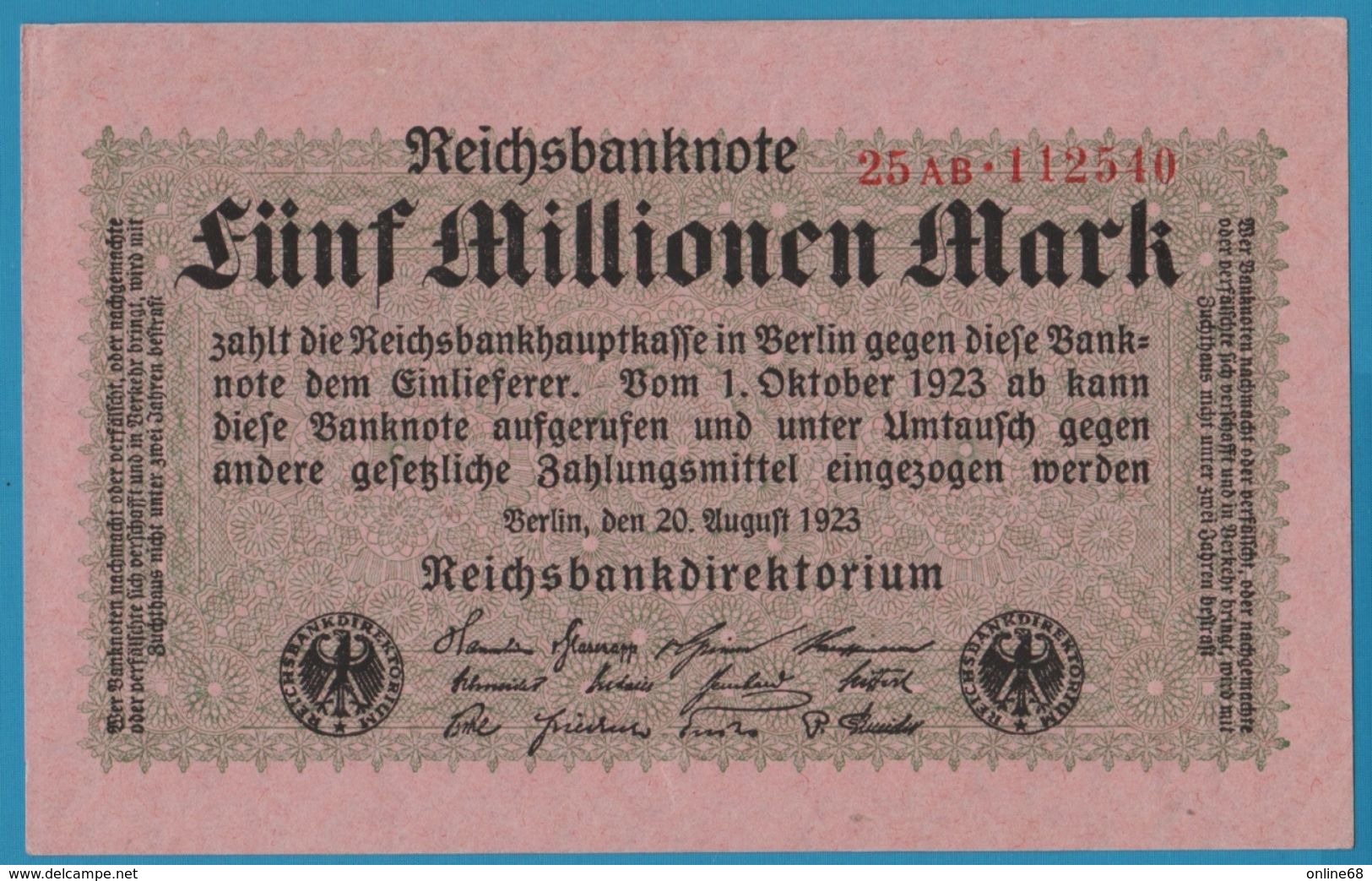 DEUTSCHES REICH 5 Millionen Mark 20.08.1923  SERIE 25AB.112540  P# 105 ("Firmenzeichen") - 5 Millionen Mark