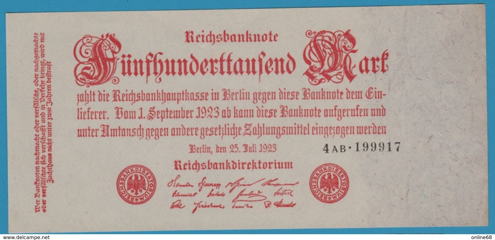 DEUTSCHES REICH 500.000 Mark 25.07.1923  SERIE 4AB.199917  P# 92 - 500000 Mark