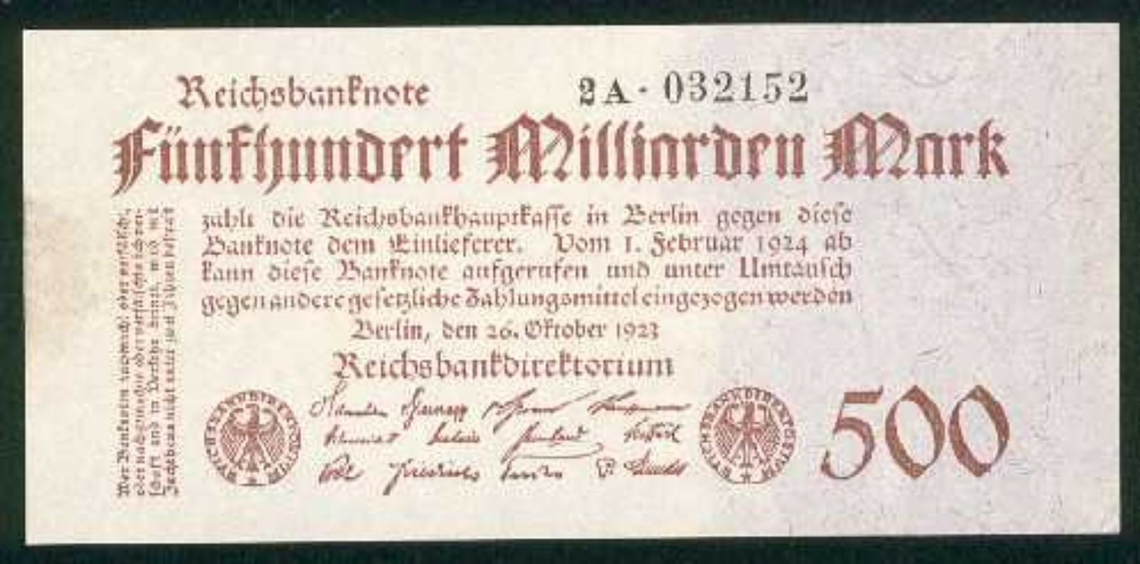 Deutsche Reich Banknote Rosenberg Nr. 124 D 500 Milliarden Mark KN. 6 Stellig 2 A Erhaltung Fast I Links Kleiner Fleck - 500 Milliarden Mark