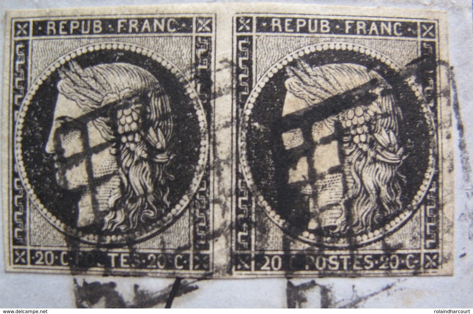 LOT R1593/25 - CERES (PAIRE) N°3 Oblitérations : GRILLES NOIRES - LYON / FEVRIER 1850 > PARIS - Cote : 320,00 € - 1849-1850 Ceres