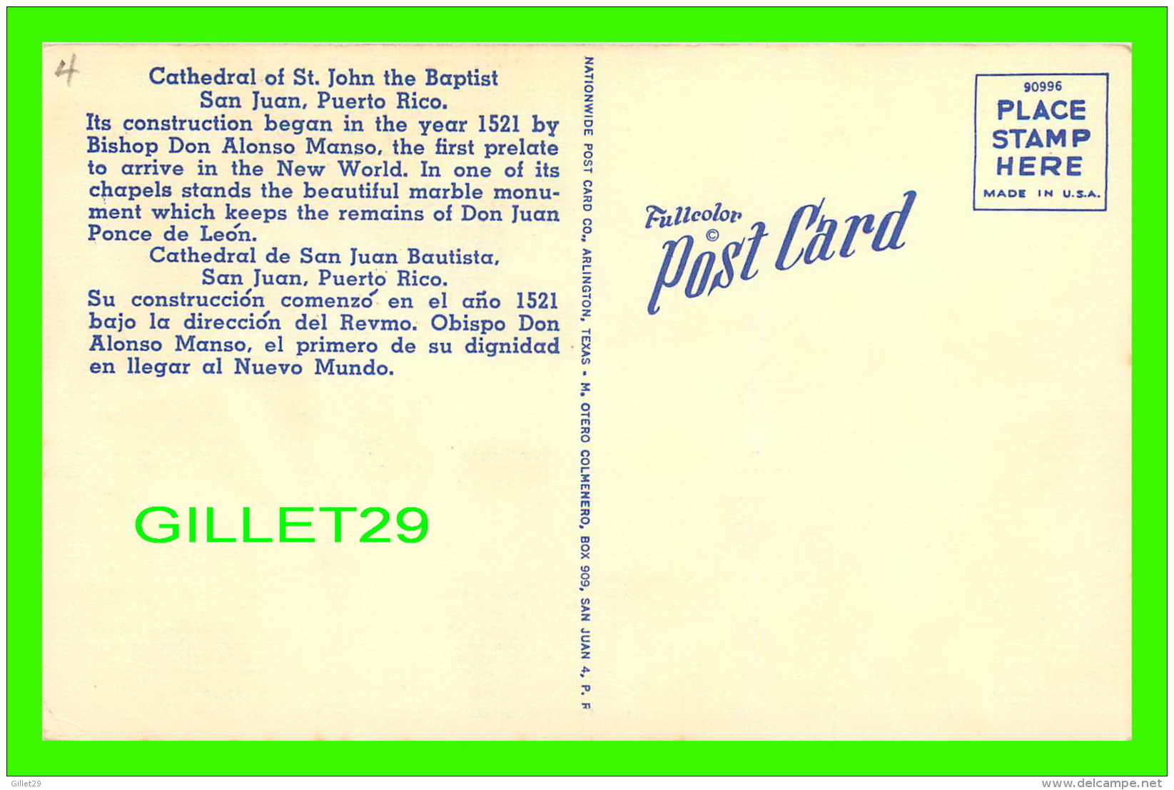 SAN JUAN, PUERTO RICO - CATHEDRAL OF ST JOHN THE BAPTIST - NATIONWIDE POST CARD CO - - Puerto Rico