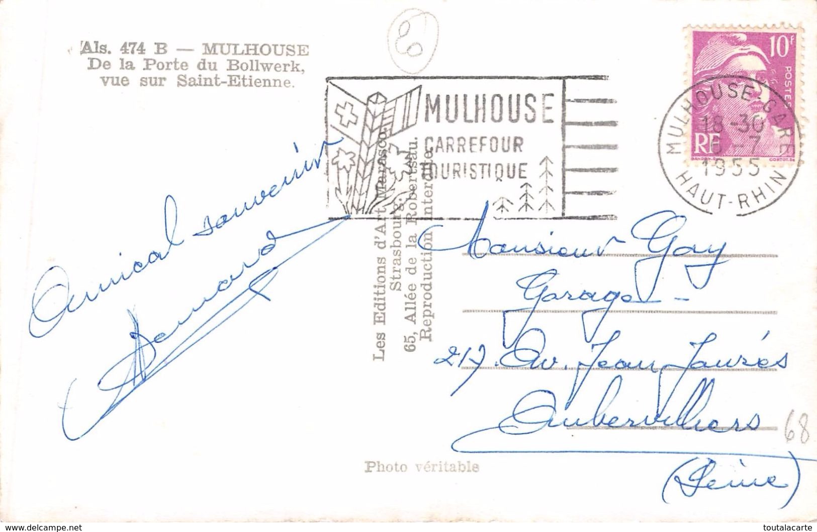 CPSM 68 MULHOUSE DE LA PORTE DU BOLLWERK VUE SUR SAINT ETIENNE 1955 - Mulhouse