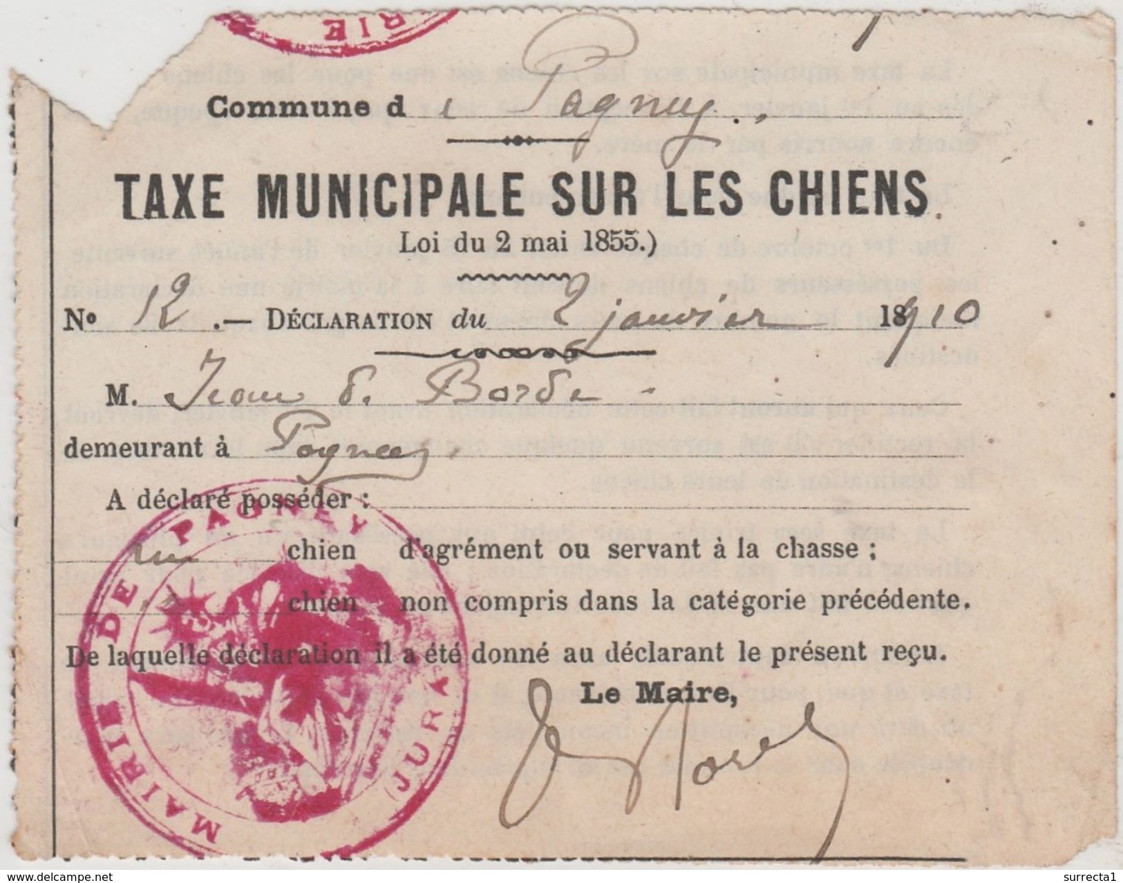 Taxe Municipale Sur Les Chiens 1910 ( Village De 330 H ) / Mairie De Pagney Jura  39 - Other & Unclassified