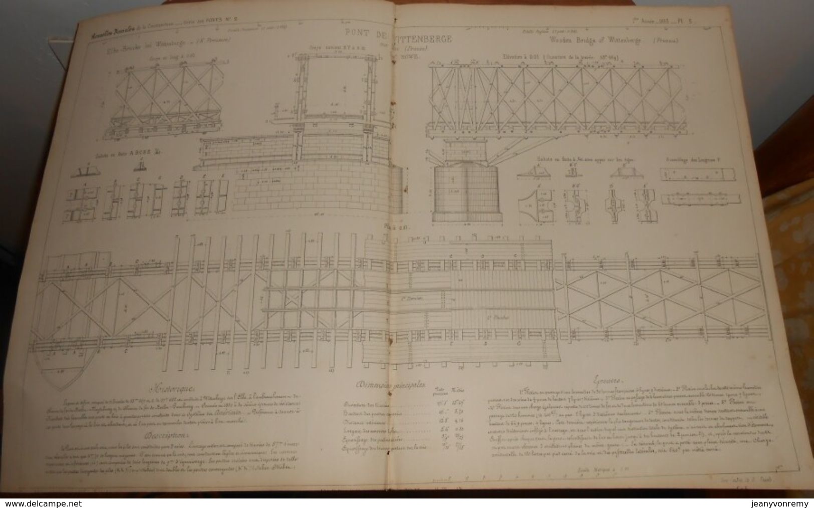 Plan D'un Pont En Bois à Treillage Américain De Wittemberge Sur L'Elbe, Prusse. 1855. - Public Works