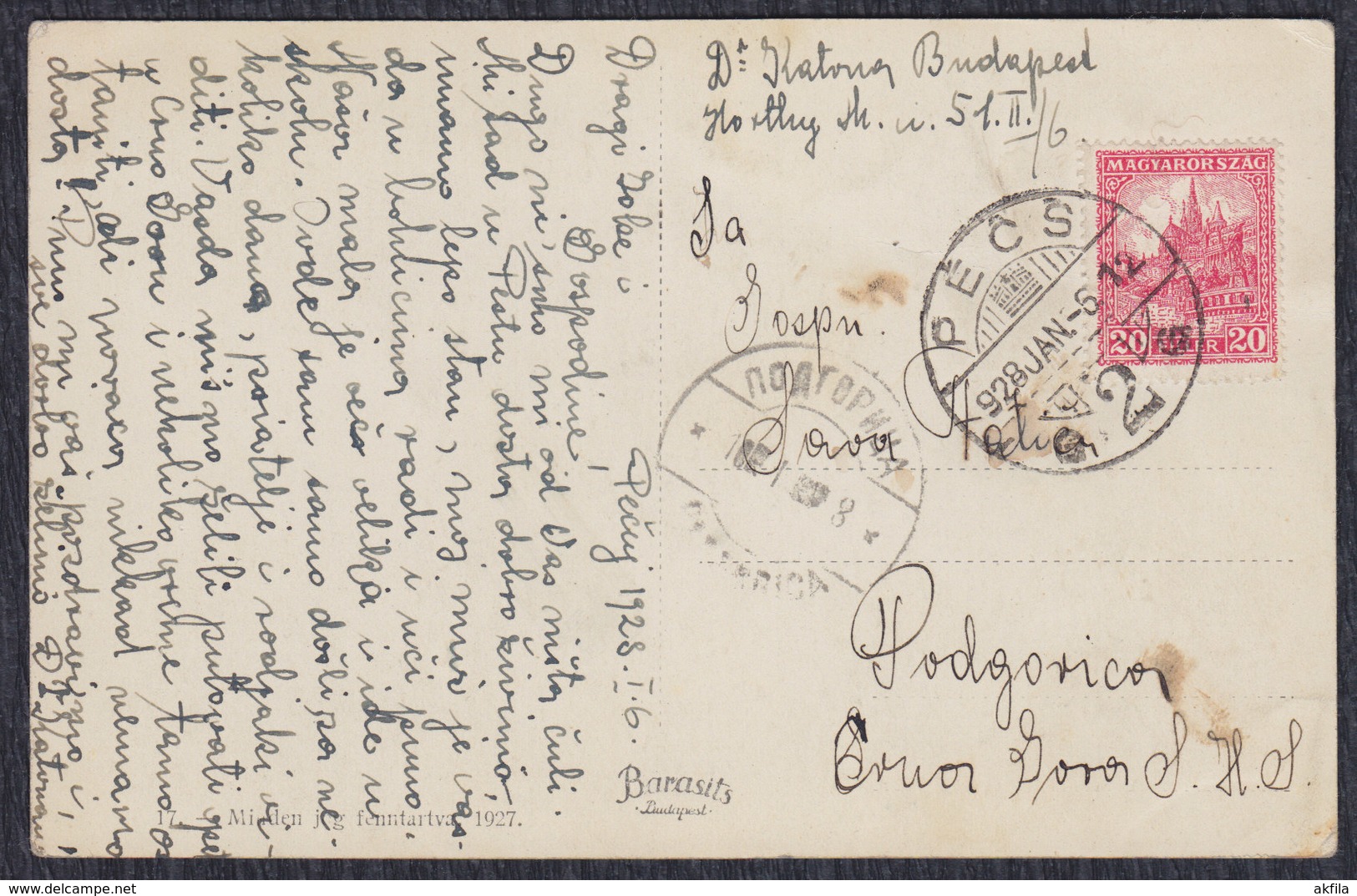 Hungary 1928 Pecuj, Postcard Sent To Montenegro, SHS, Pecuj - Podgorica - Hungary