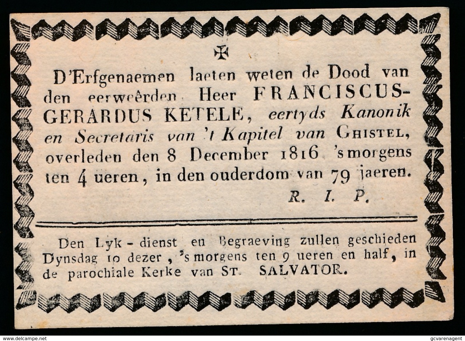 D'ERFGENAEMEN LAETEN WETEN - EERW.HEER FRANCISCUS KETELE KANONIK GHISTEL OVERLEDEN 8 DEC 1816  79 JAREN - Overlijden