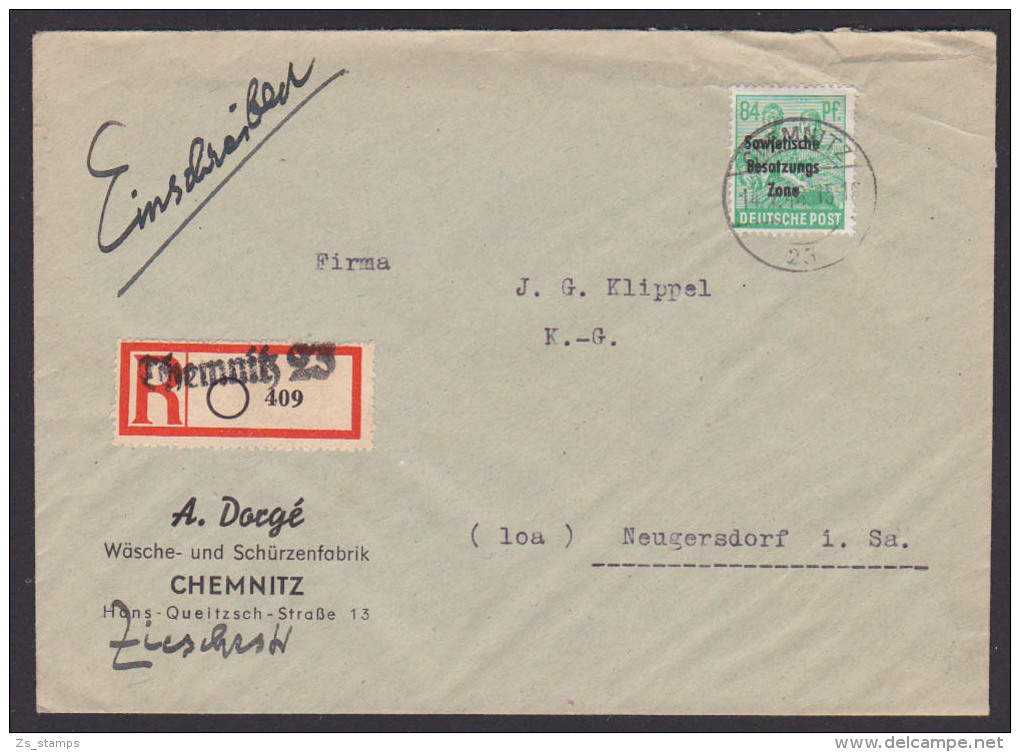 SBZ 197 R-Brief Chemnitz 23 Aushilfs-R-Zettel Wäsche- U. Schürzenfabrik Dorge - Sonstige & Ohne Zuordnung
