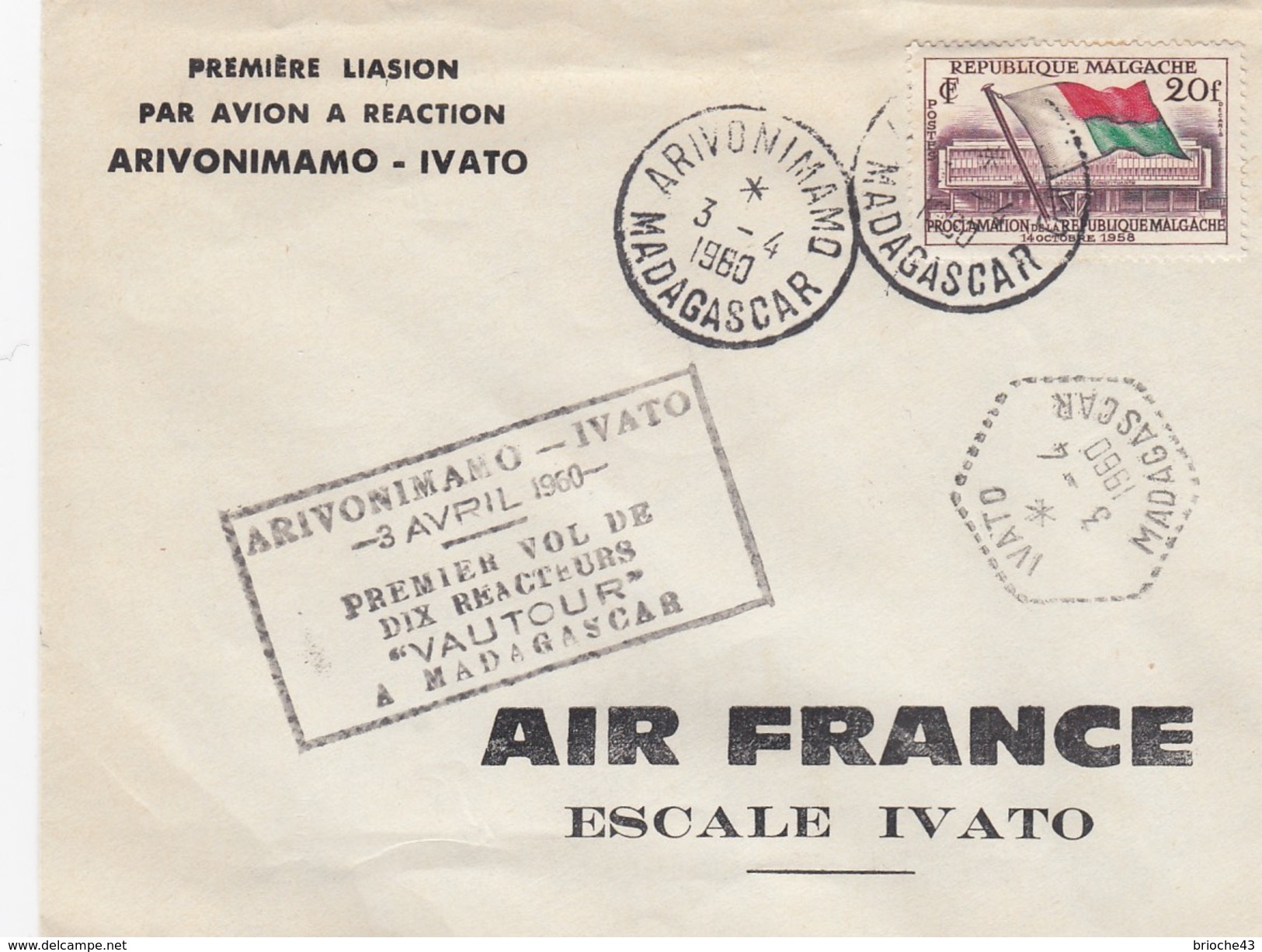 MADAGASCAR  - LETTRE 1ere LIAISON AVION A REACTION ARIVONIMAMO-IVATO - 1er VOL "VAUTOUR" A MADAGASCAR -  3.4.1960     /4 - Madagascar (1960-...)