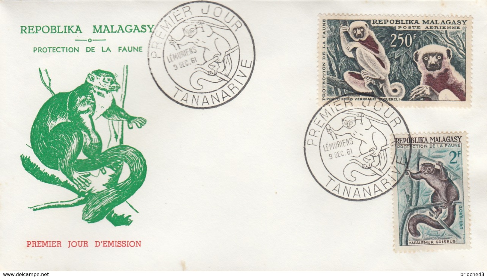 MADAGASCAR  - FDC CACHET ROND PREMIER JOUR LEMURIENS 9 DEC.61 TANANARIVE - PROTECTION DE LA FAUNE  /4 - Madagascar (1960-...)