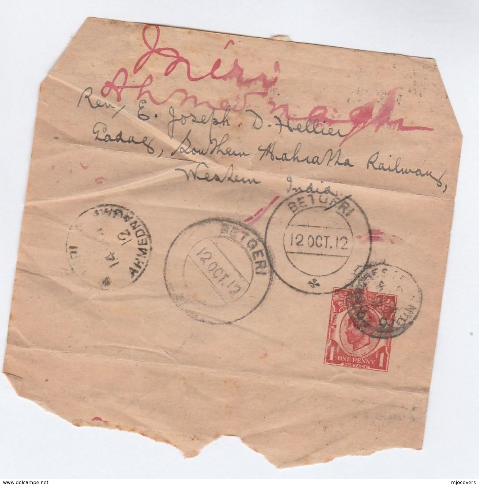 1912 GB Part Wrapper To SOUTHERN MAHARATTA RAILWAY India  Postal Stationery Cover Stamps GV Train - Covers & Documents