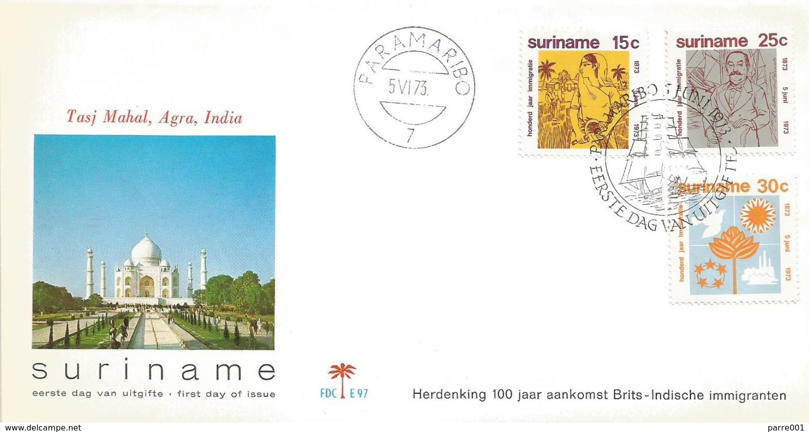 Suriname 1973 Paramaribo Taj Mahal Hinduism Immigration FDC Cover - Hinduismus