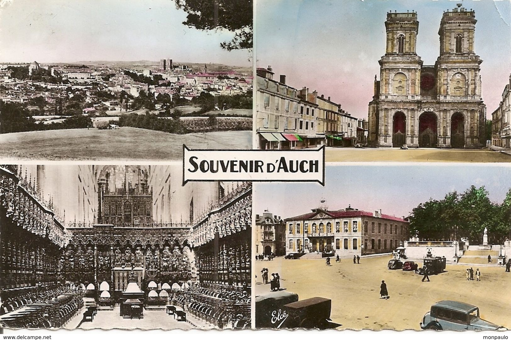 32. CPSM. Gers. Auch. Souvenir D'Auch (Multi-vues - 4 Vues) (cathédrale + Intérieur, Vue Générale, Place) (autos) - Auch