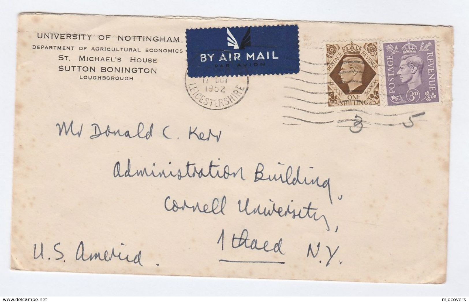 1952 GB COVER To USA From  UNIVERSITY Of NOTTINGHAM Agriculture Economic Dept  , Gvi Stamps Airmail Label - Covers & Documents