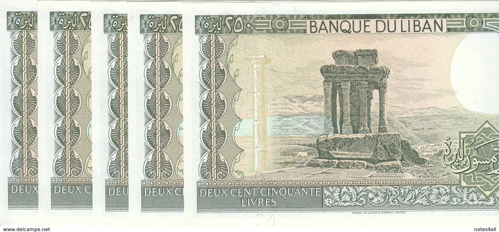 LEBANON 250 LIVRES 1988 P- 67e Lot X5 UNC Notes */* - Libanon