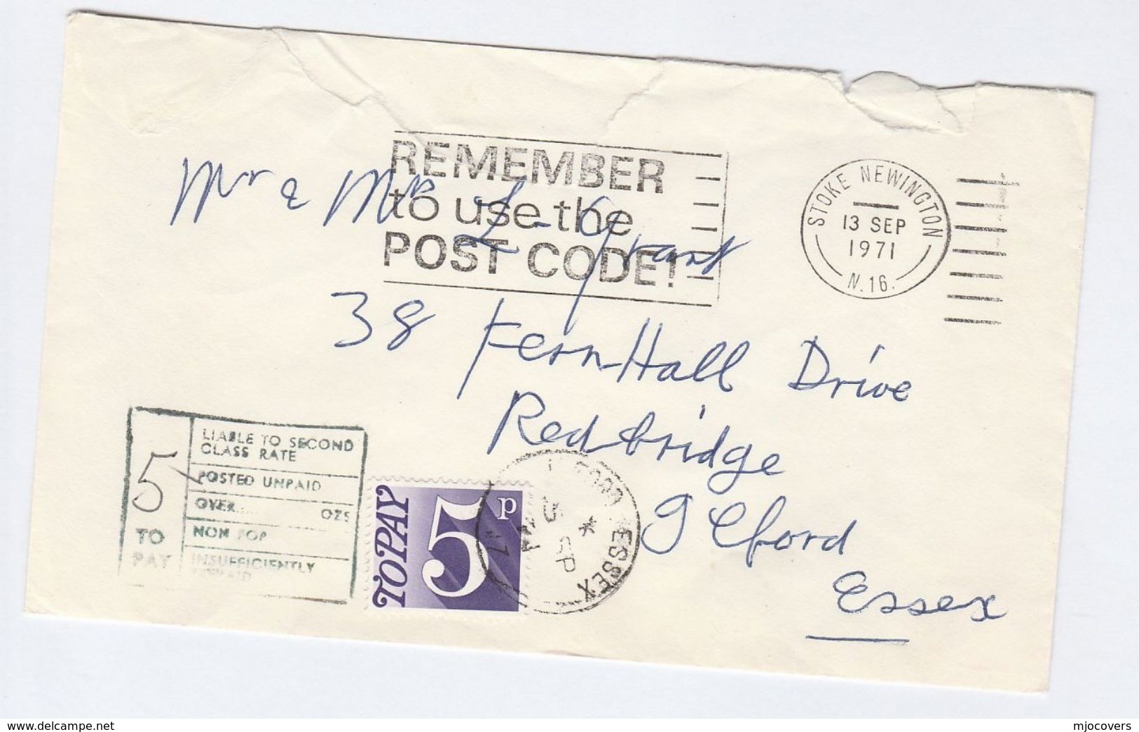 1971 Stoke Newington GB 5p POSTAGE DUE Stamps COVER To Ilford - Postage Due