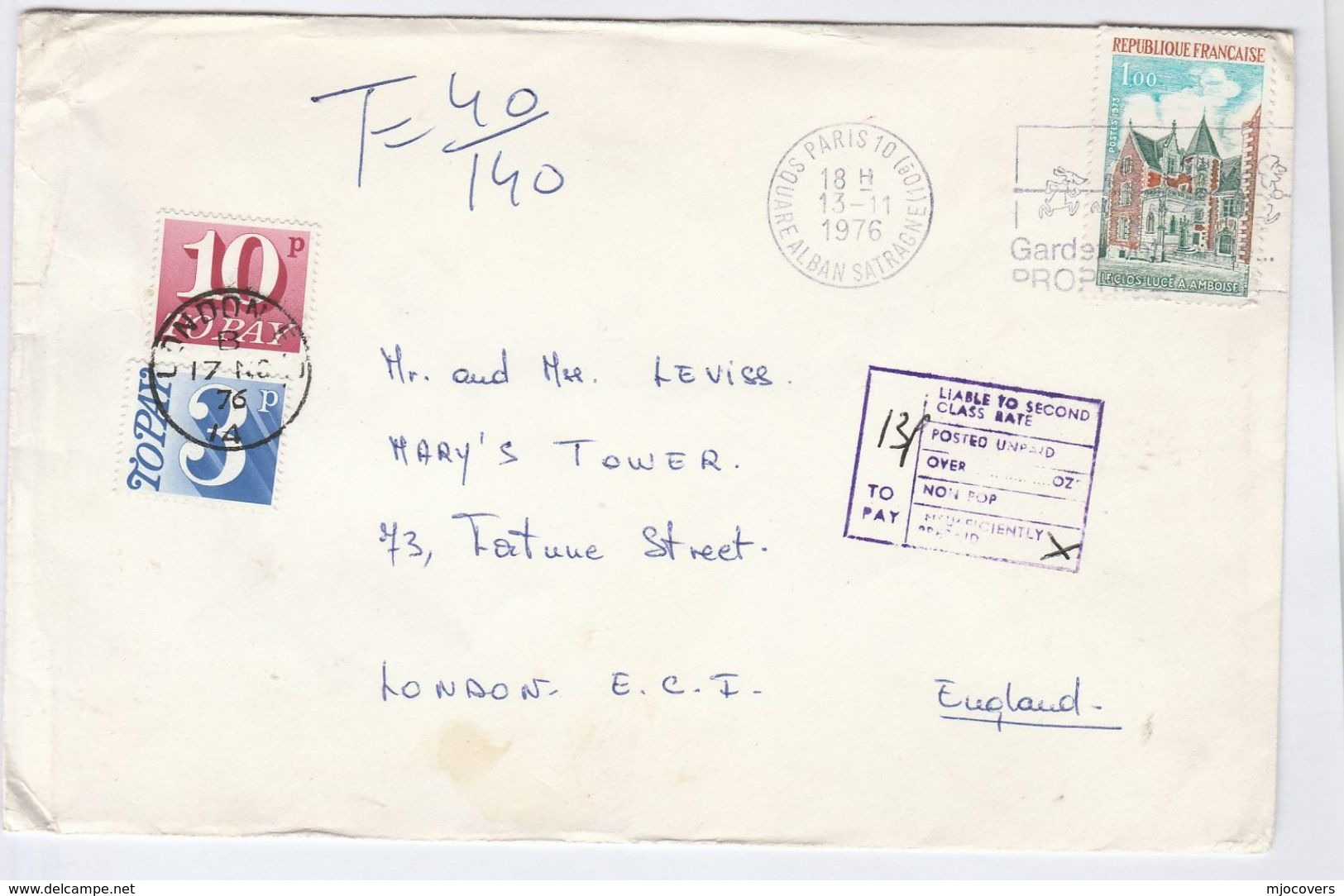 1976 GB 10p 3p  POSTAGE DUE Stamp COVER From Paris FRANCE To London - Postage Due