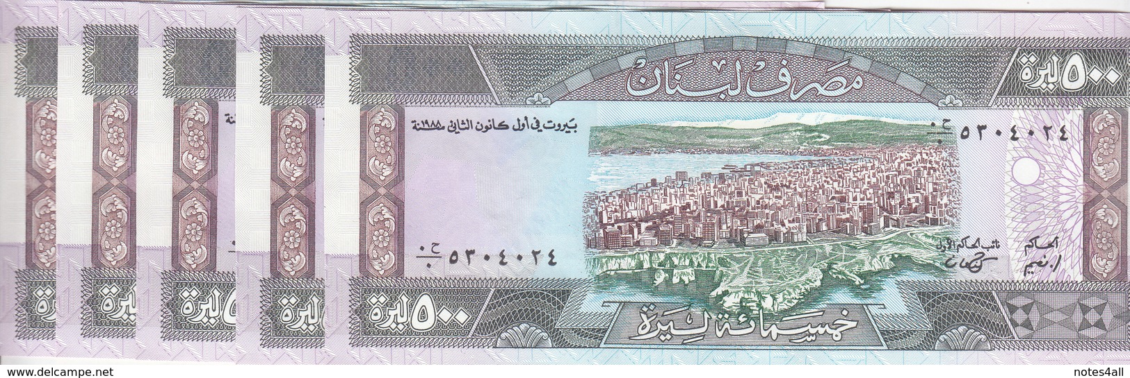 LEBANON 500 LIVRES 1988 P- 68 Lot X5 UNC NOTES */* - Lebanon