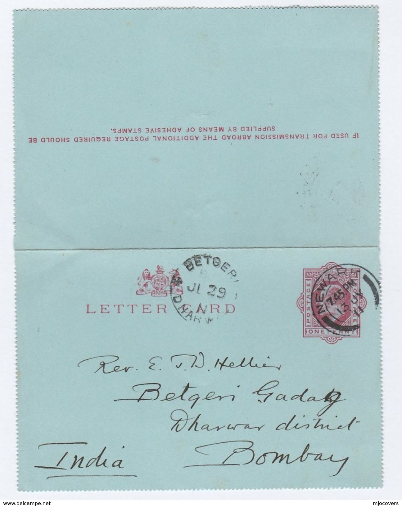 1911 GB EVII Newark Cds LETTERCARD To Betgeri INDIA Cover Stamps Postal Stationery - Stamped Stationery, Airletters & Aerogrammes