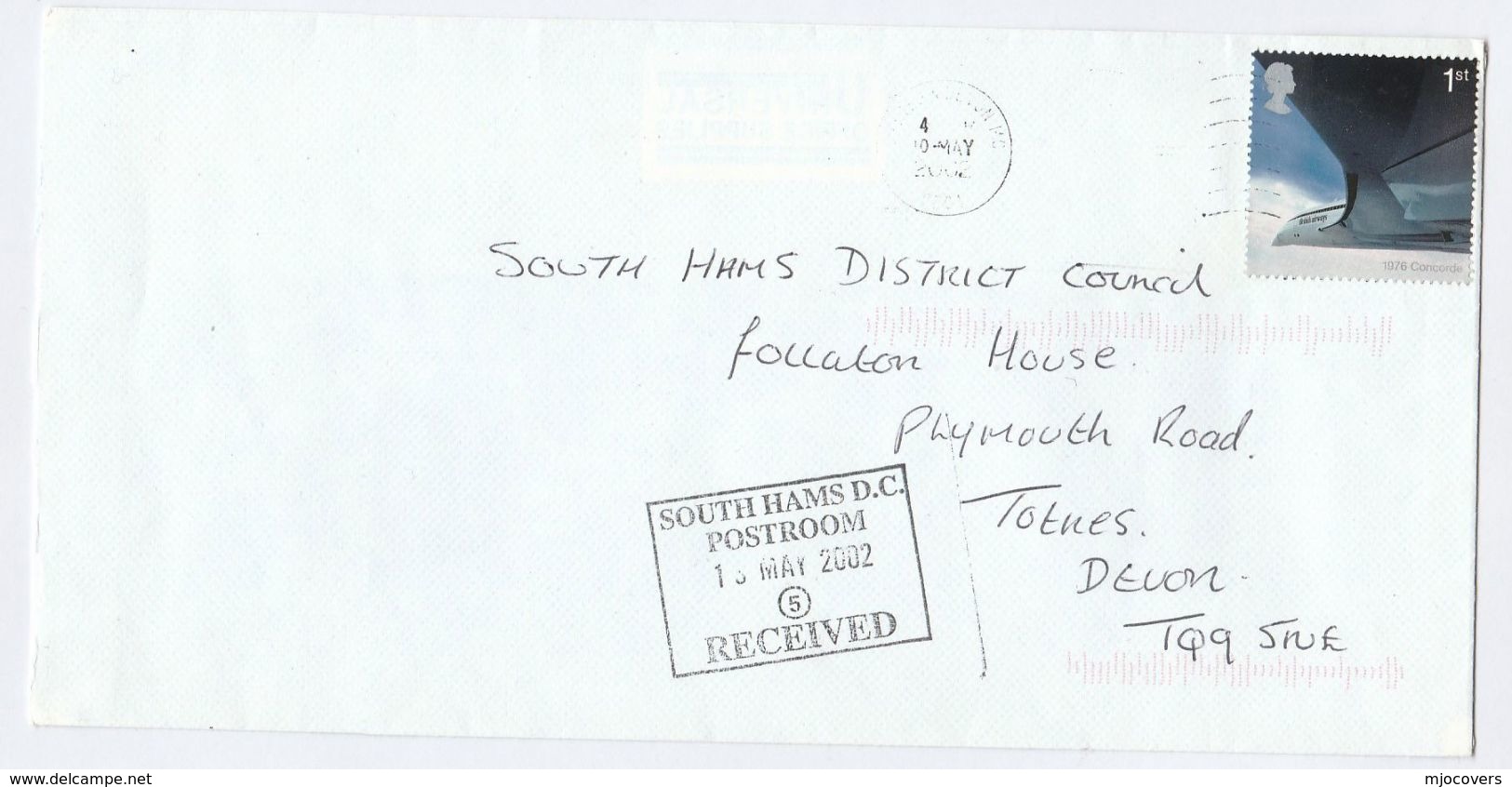 2002 GB  CONCORDE Stamps COVER Cachet SOUTH HAMS DC POSTROOM RECEIVED  District Council  Aviation - Airplanes