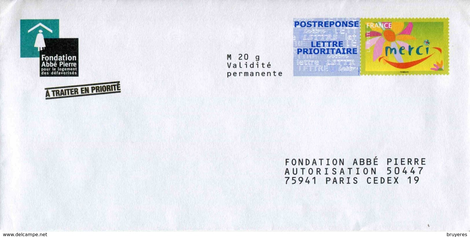 POSTREPONSE LETPRIO "Fondation Abbé Pierre" Avec Timbre "Merci" - Au Verso N° 10P357 (format 105 X  212 Mm) - Prêts-à-poster: Réponse