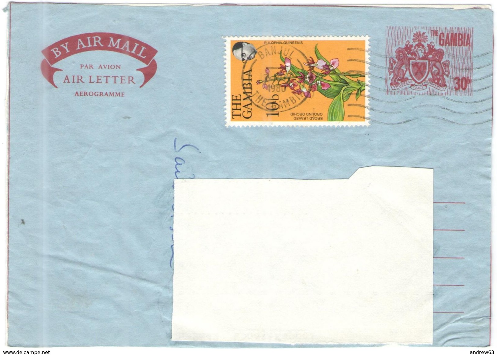 GAMBIA - 1980 - 30c Aerogramme + 10b Broad Leaved Ground Orchid - Big Fragment - Viaggiata Da Banjul Per ???? - Gambia (1965-...)