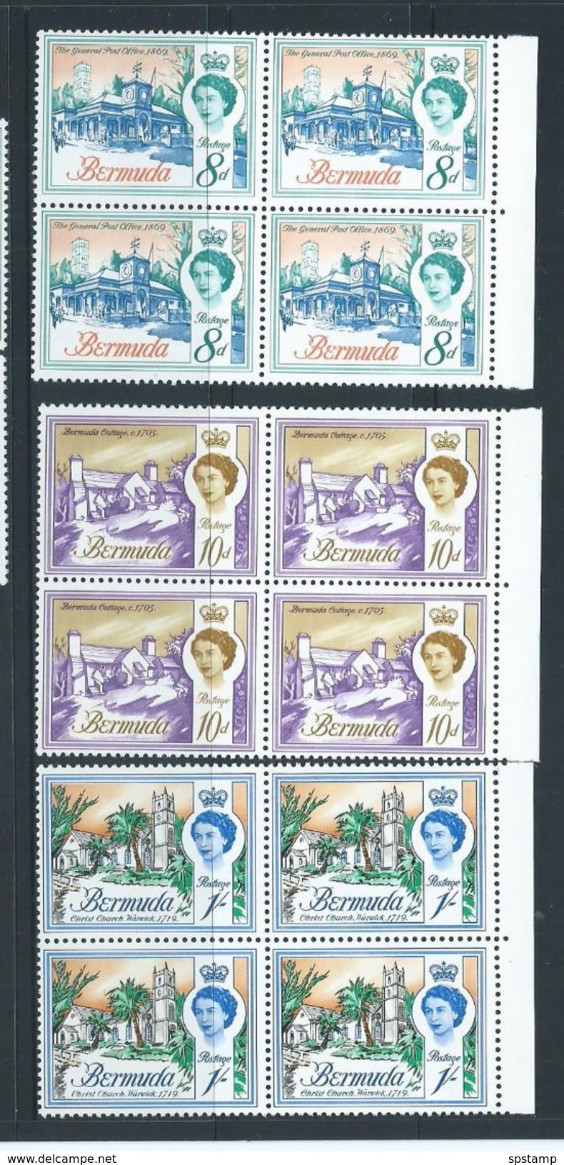 Bermuda 1962 QEII Building Definitives Sideways Watermark 8d 10d & 1 Shilling  MNH Blocks Of 4 - Bermuda