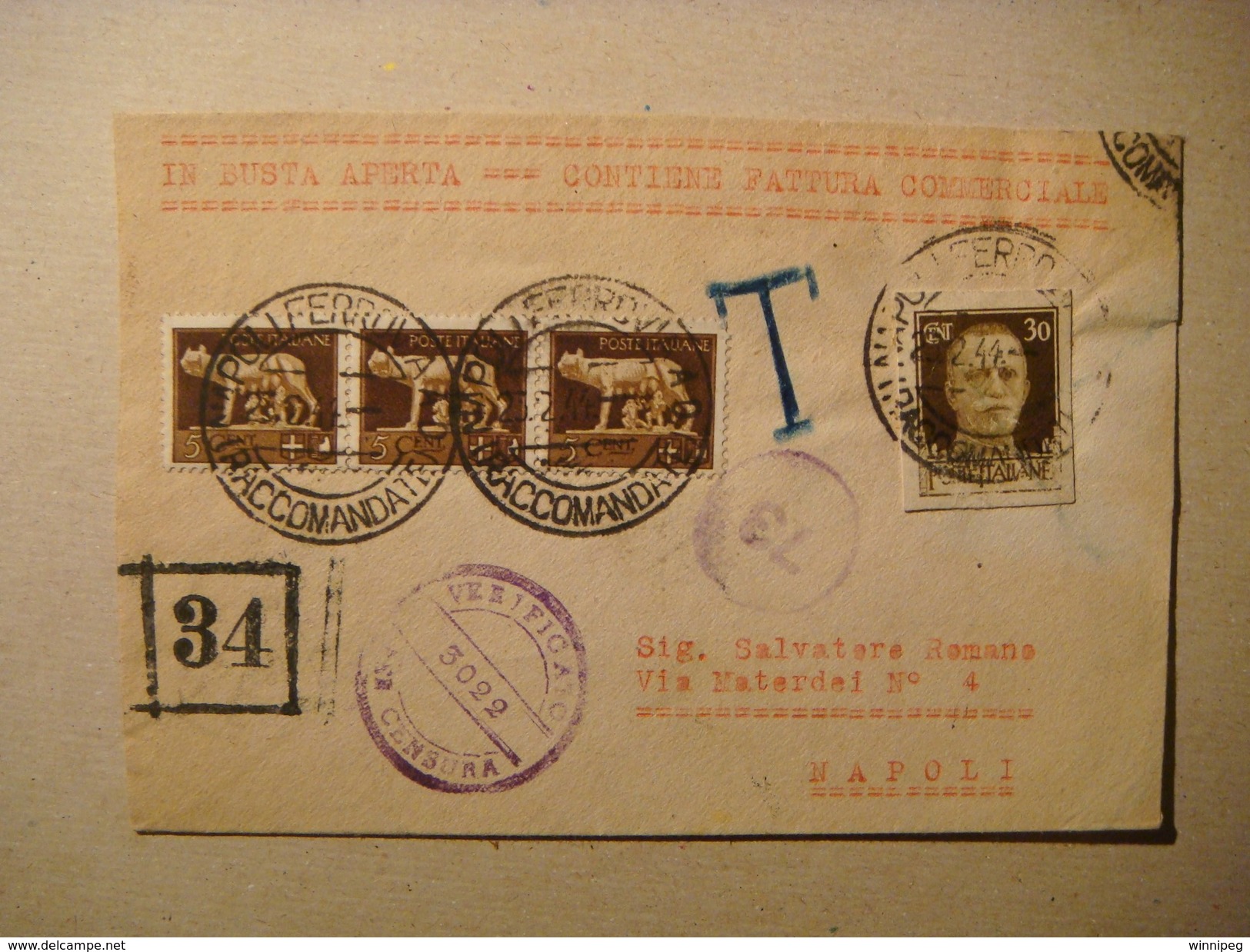 Italy.1944.Censored.Postage Due,Segnatasse.30c.stamp Cut Out Of Postcard ? .Napoli - Storia Postale