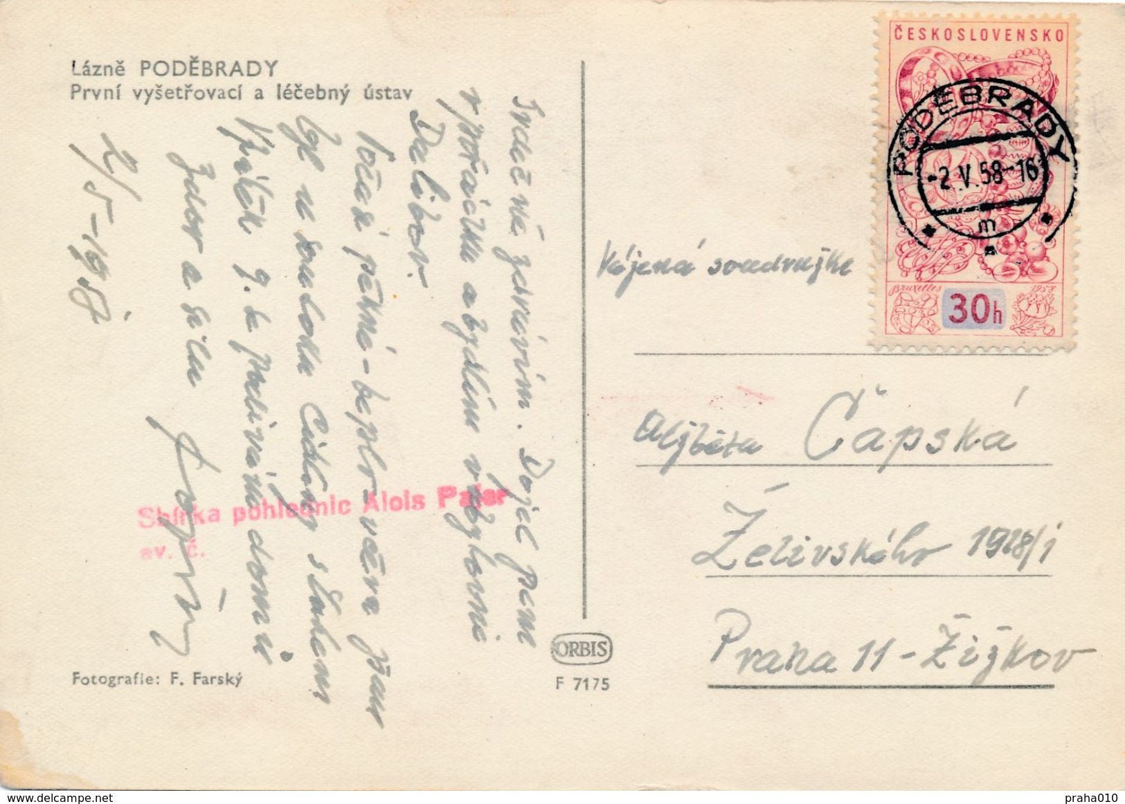 M0687 - Czechoslovakia (1958) Podebrady (postcard: Spa Podebrady); Tariff: 30h (stamp: EXPO 58 Bruxelles - Bijouterie) - 1958 – Brussels (Belgium)
