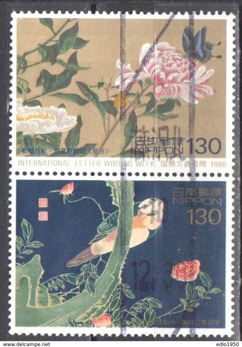 Japan 1998 - Paintings - Birds - Butterflies - Mi.2590,92 - Vertical Pair - Used - Usati