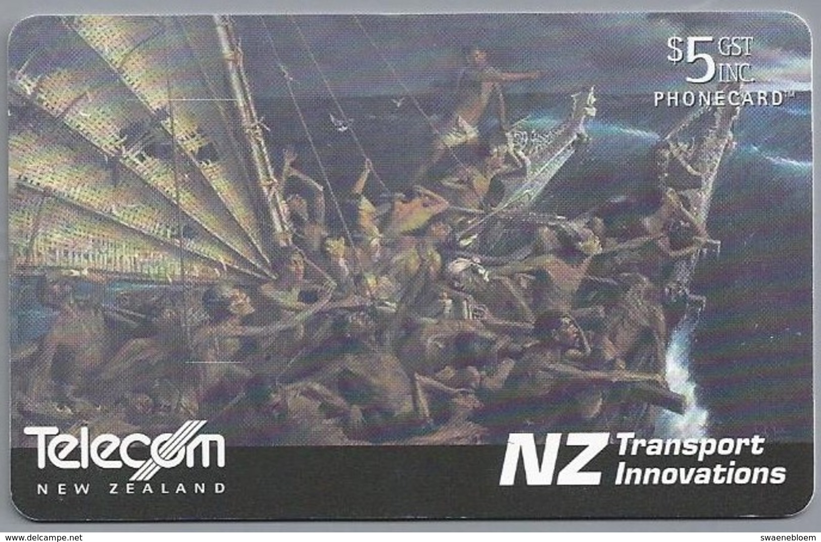 NZ.- TELECOM NEW ZEALAND PHONECARD. $ 5. .- NZ Transport Innovations - Nr. 081. Great Ocean-going Waka As ....- 2 Scans. - Nieuw-Zeeland