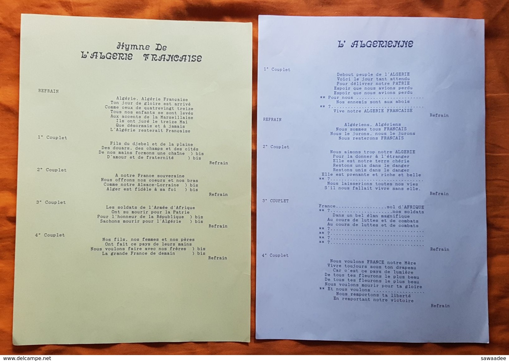 PARTITION ET PAROLES - CHANTS ALGERIE FRANCAISE - O.A.S. - L'ALGERIENNE - LES AFRICAINS - LES BARRICADES - HYMNES O.A.S. - Autres & Non Classés