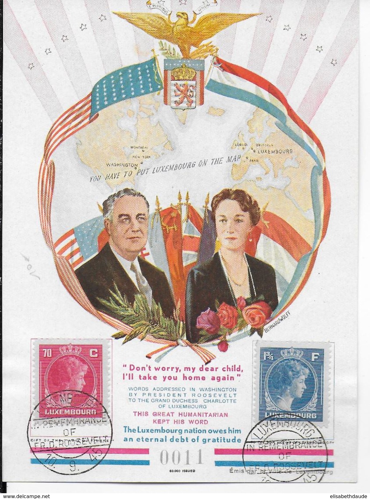 LUXEMBOURG - 1945 - CARTE COMMEMORATIVE AMERICAINE SOUVENIR De ROOSEVELT - LIBERATION - Cartes Commémoratives