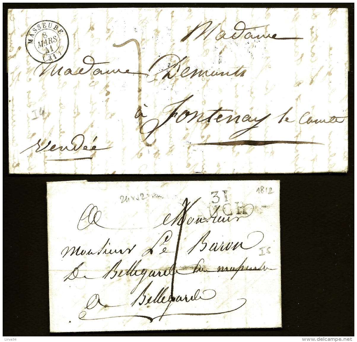 LOT 2 LETTRES PRECURSEURS FRANCE- MARQUE POSTALE :  31- AUCH + MASSEUBE CAD T.15- 1812  ET 41- TAXE 1 ET 7 DEC.- 2 SCANS - 1801-1848: Précurseurs XIX