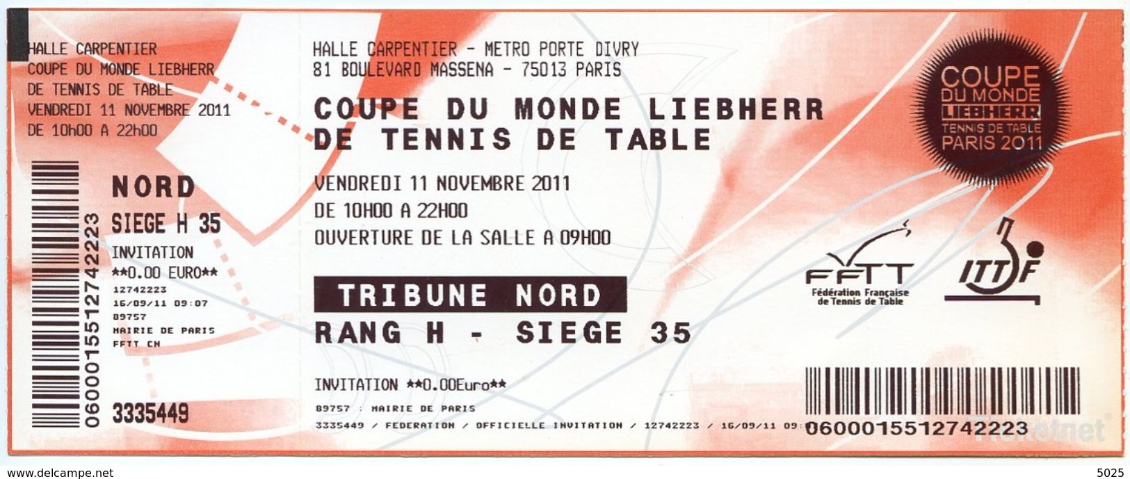 TENNIS DE TABLE - Billet Coupe Du Monde 2011 - Paris France - Tischtennis - Tickets - Entradas