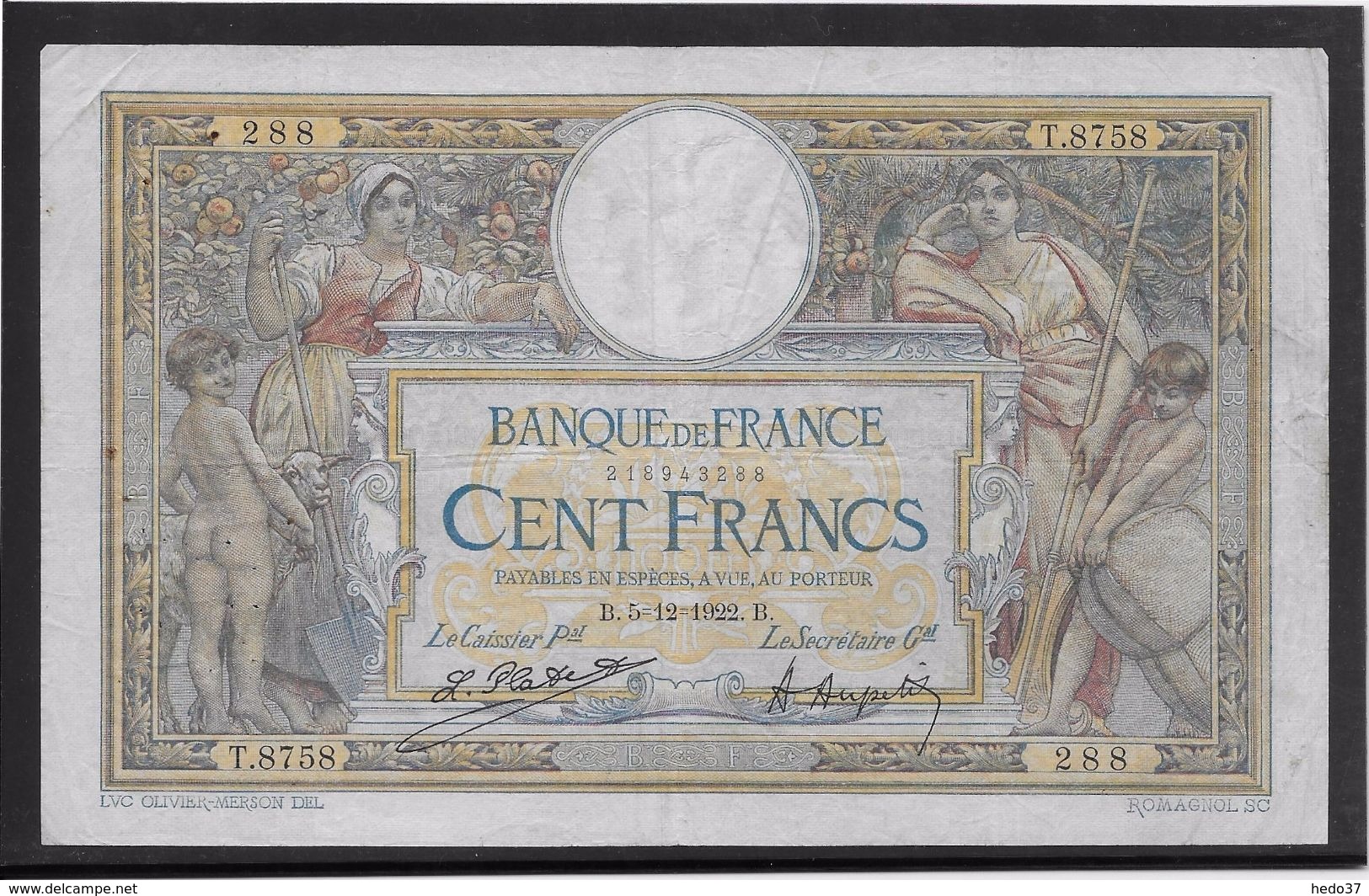 France 100 Francs Luc Olivier Merson - 5-12-1922 - Fayette N° 23-15  - TB - 100 F 1908-1939 ''Luc Olivier Merson''