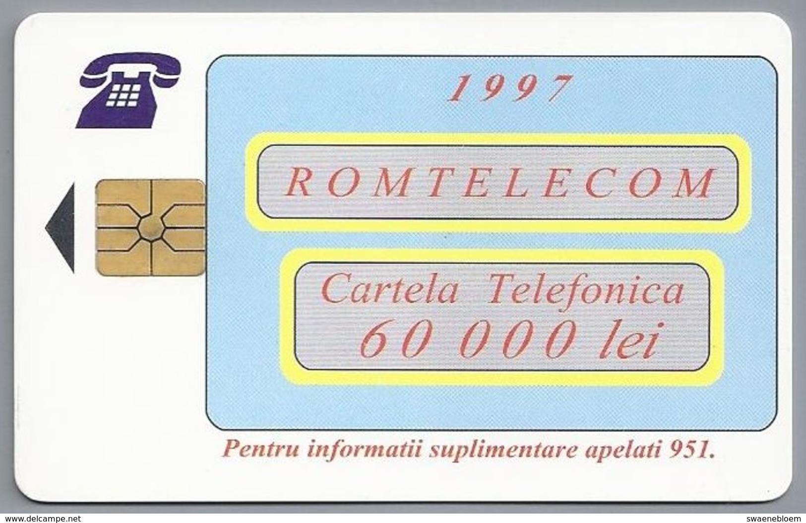 RO.- Telefoonkaart. ROM TELECOM. Cartela Telefonica. 60 000 Lei 1997. Reclama Pe Cartela Sigura Si Directa ! Roemenië. 2 - Romania