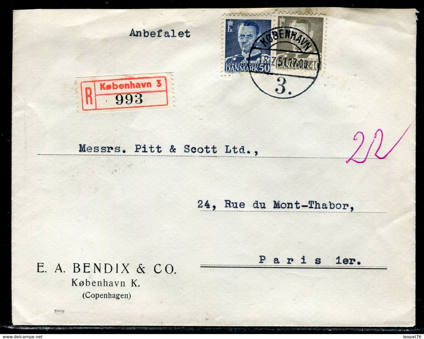 Danemark - Enveloppe Commerciale En Recommandé De Copenhague Pour Paris En 1951  - Ref D262 - Cartas & Documentos