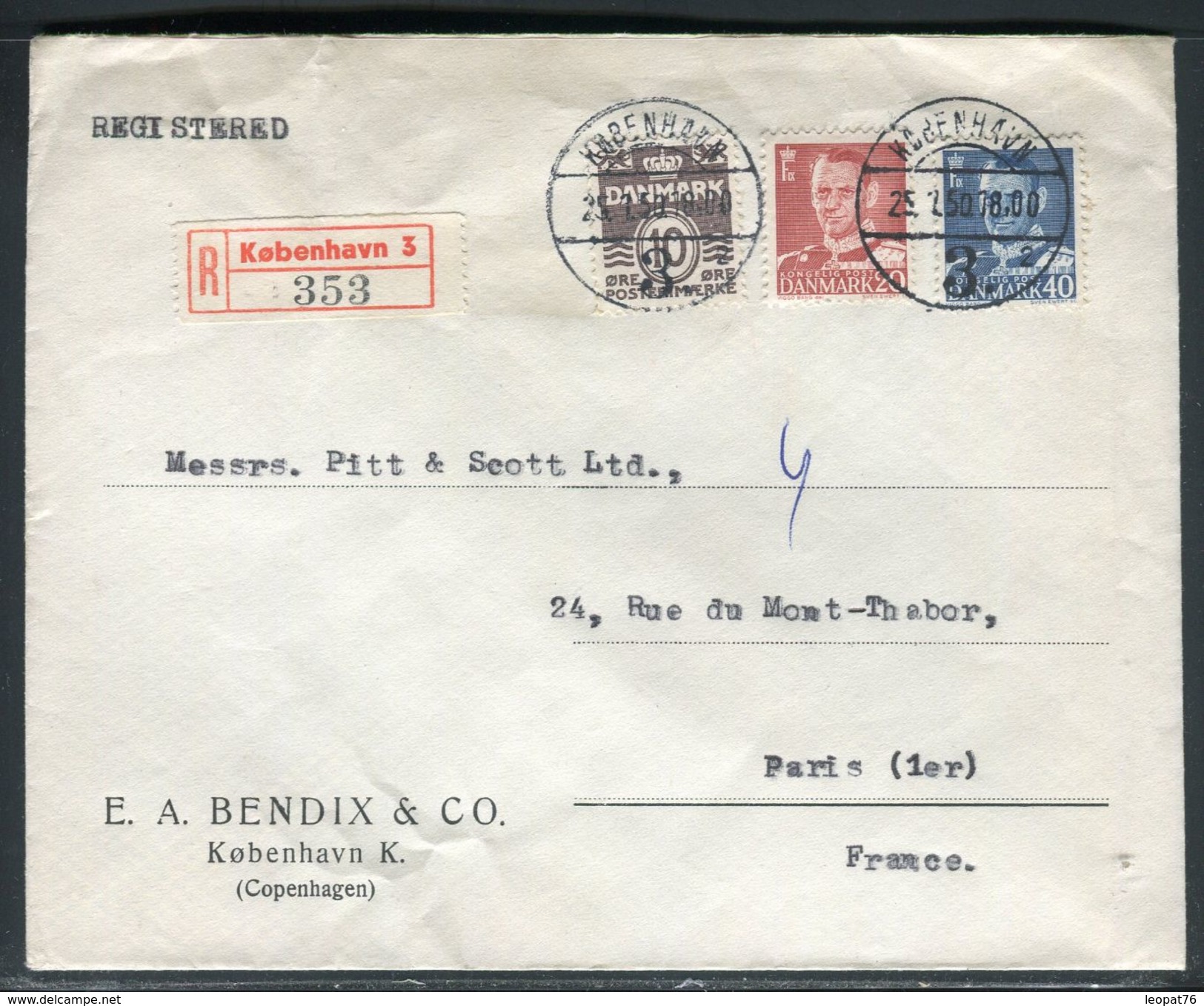 Danemark - Enveloppe Commerciale En Recommandé De Copenhague Pour Paris En 1950  - Ref D263 - Briefe U. Dokumente