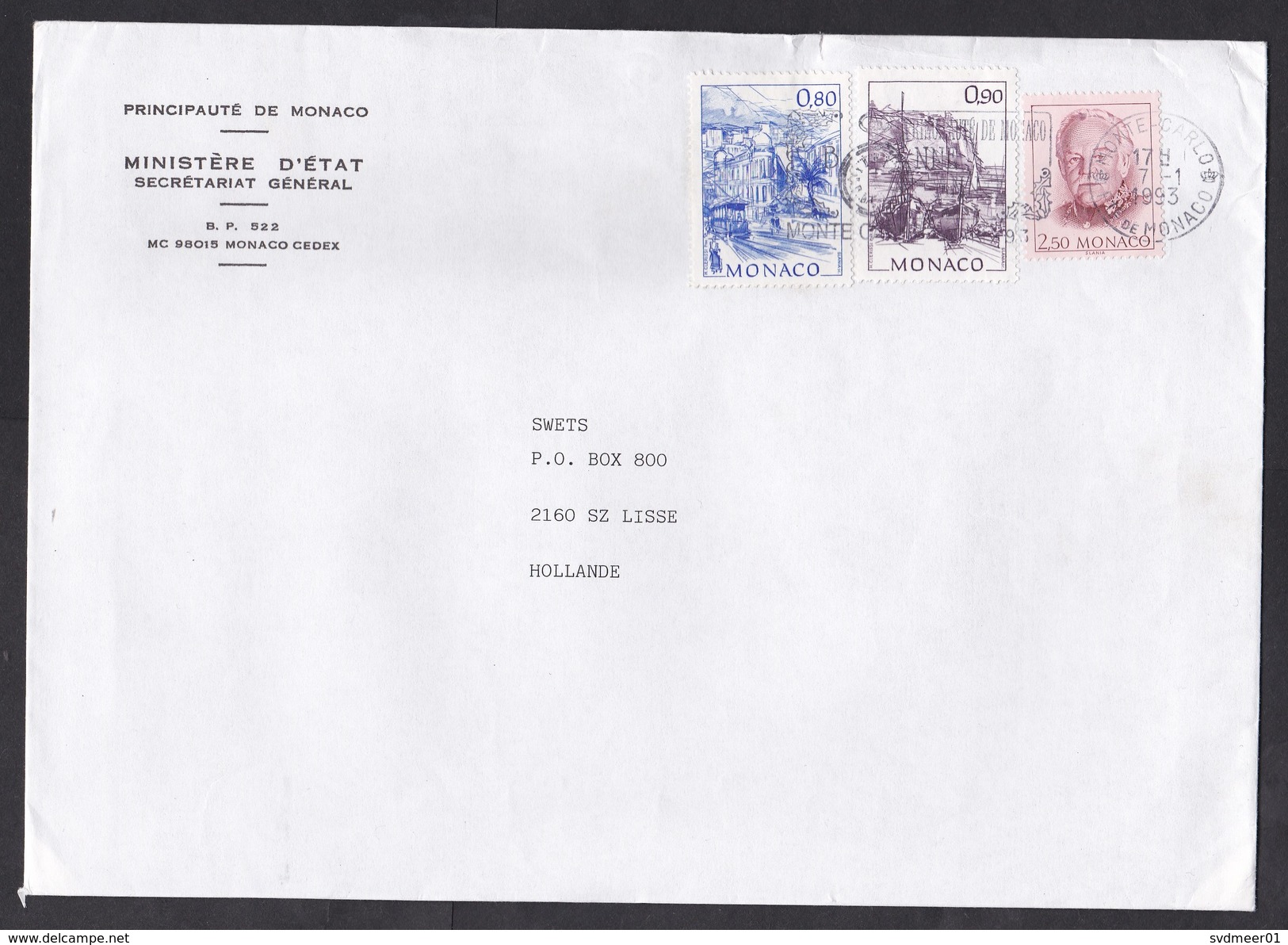 Monaco: Cover To Netherlands, 1993, 3 Stamps, Ship, Tram, Sent By Ministry Of State (minor Damage, See Scan) - Covers & Documents