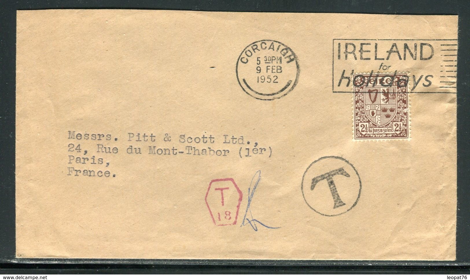 Irlande - Enveloppe , Oblitération De Corcaigh Pour Paris En 1952 , Enveloppe Taxée - Ref D270 - Lettres & Documents