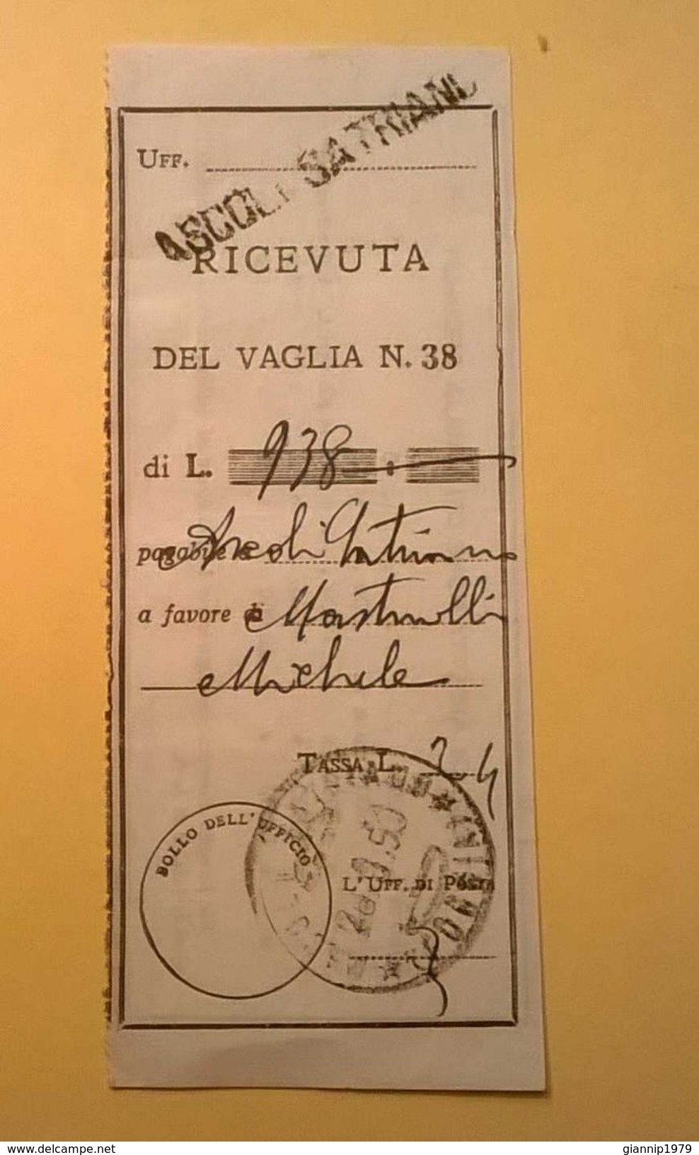 VAGLIA POSTALE RICEVUTA ASCOLI SATRIANO 1950 - Vaglia Postale