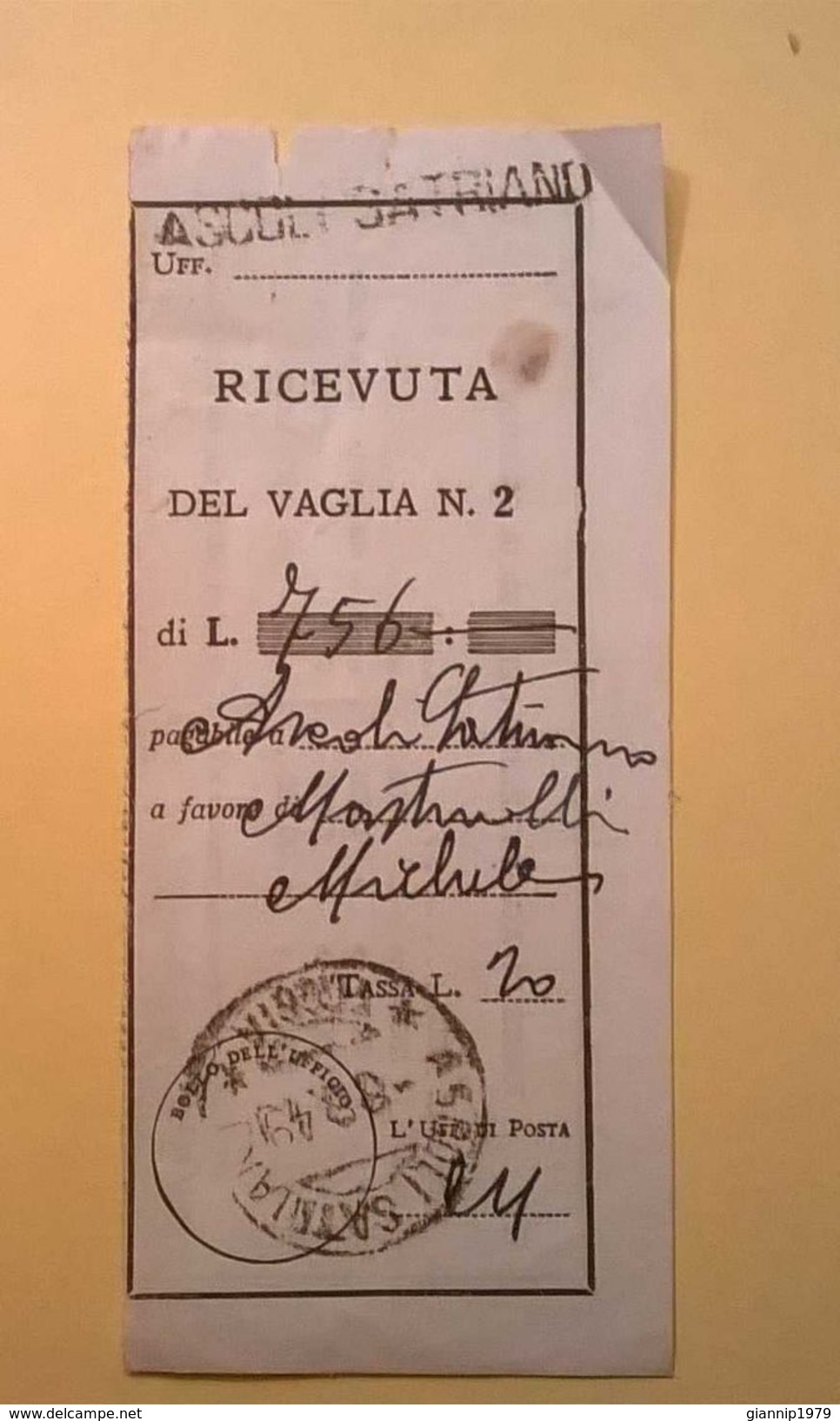 VAGLIA POSTALE RICEVUTA ASCOLI SATRIANO 1949 - Taxe Pour Mandats