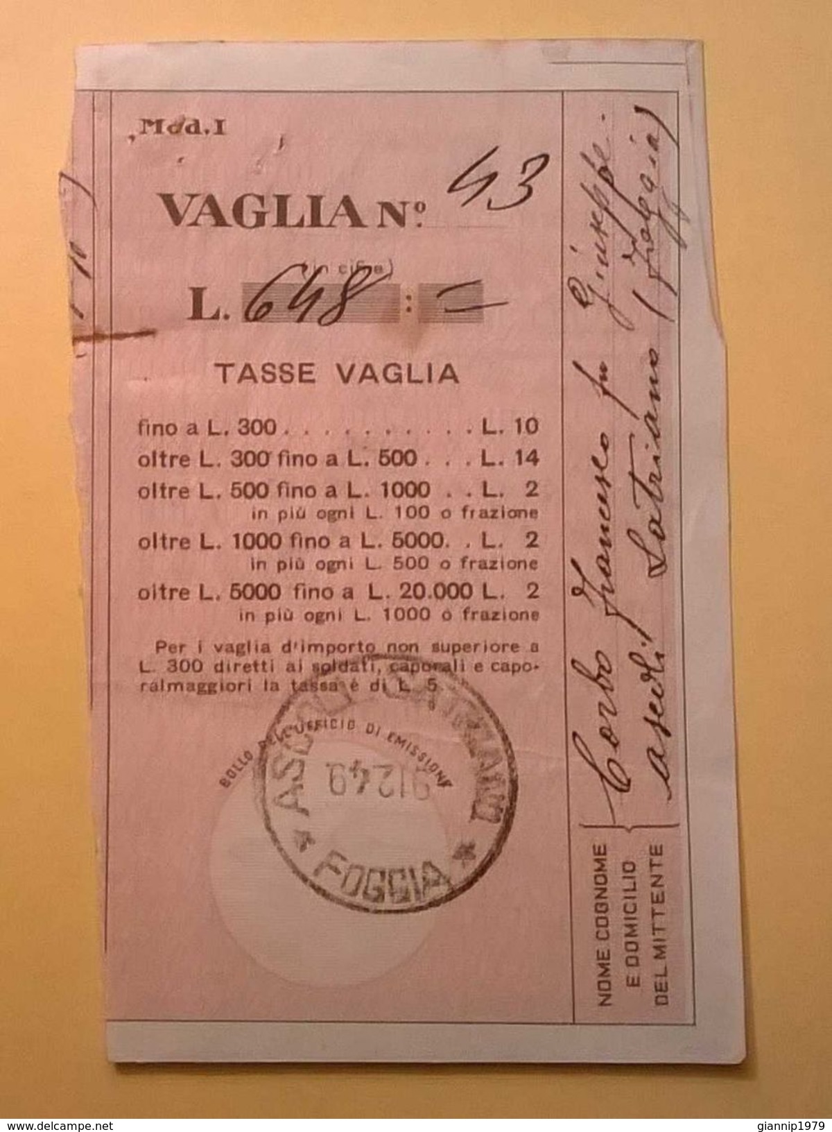 VAGLIA POSTALE RICEVUTA ASCOLI SATRIANO FOGGIA 1949 - Mandatsgebühr