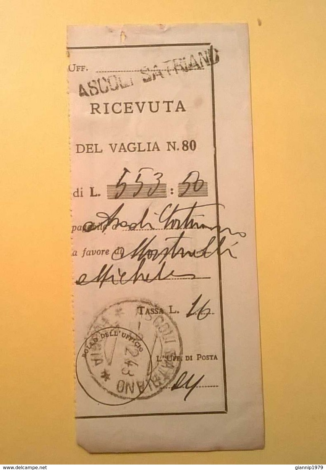 VAGLIA POSTALE RICEVUTA ASCOLI SATRIANO FOGGIA 1948 - Taxe Pour Mandats