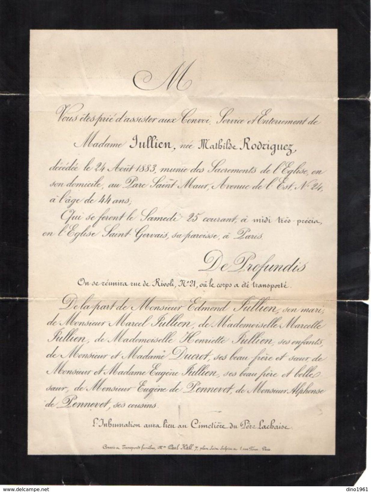 VP11.805 - 1883 - Faire - Part De Décès De Mme JULLIEN Née M . RODRIGUEZ Décédée à PARIS Inhumation Au Père - Lachaise - Décès