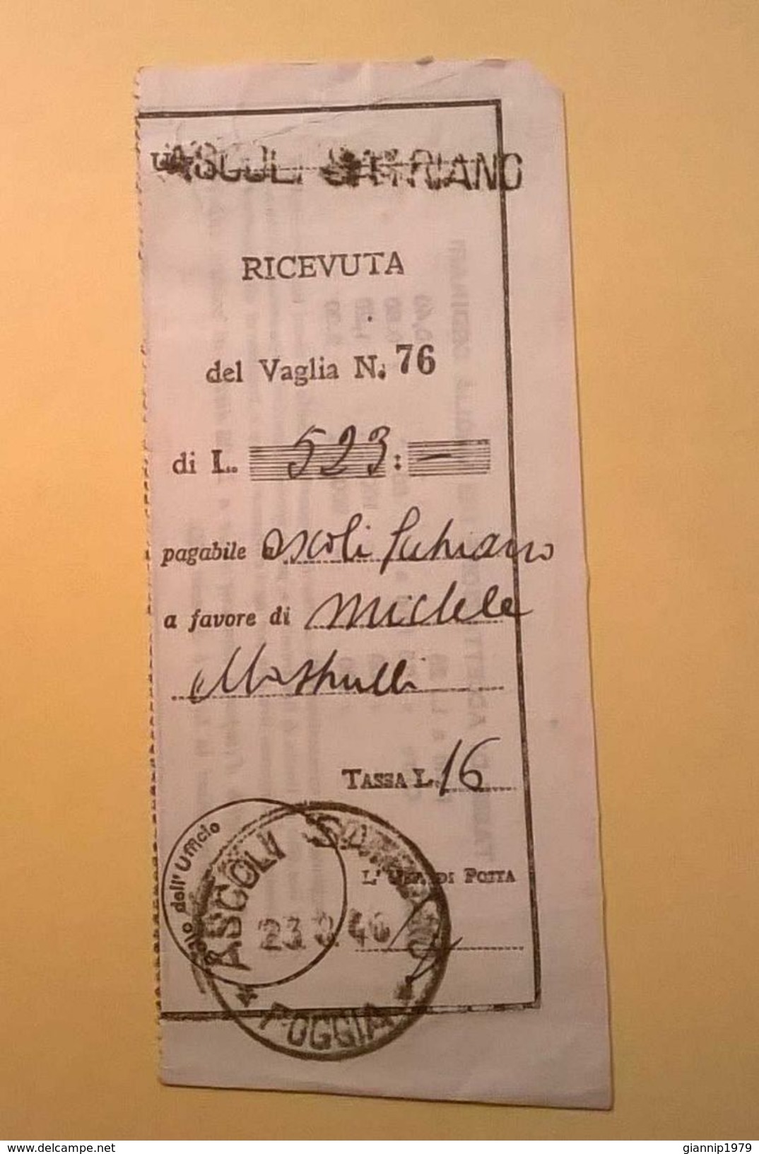 VAGLIA POSTALE RICEVUTA ASCOLI SATRIANO FOGGIA 1946 - Strafport Voor Mandaten